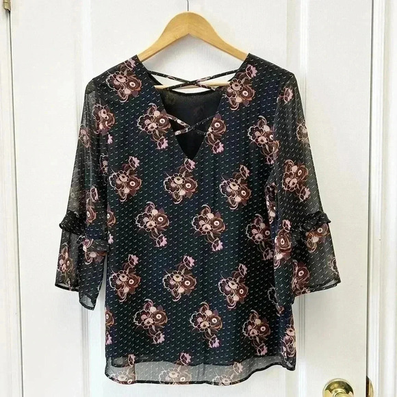 DR2 Blouse Sheer Ruffle Sleeve Bohemian Dark Floral Flowy Black Brown Small - Picture 3 of 12